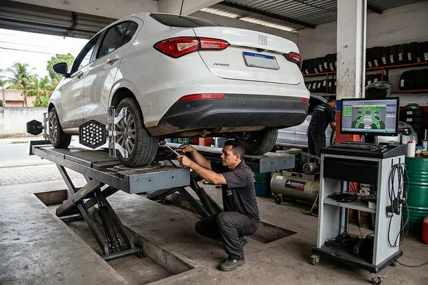 Carro sendo alinhado em uma borracharia em Caucaia.