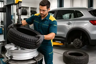 Mecânico trocando pneus em um carro na borracharia.