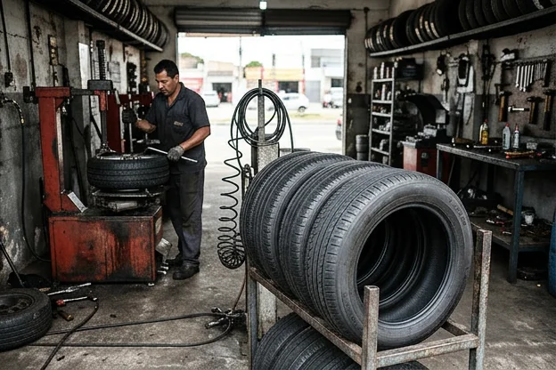 Pneus bem cuidados e organizados em uma borracharia.