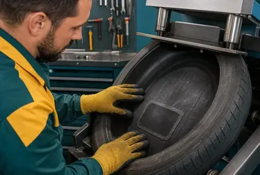 Processo de vulcanização em uma borracharia.