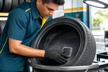 Profissional consertando pneus com ferramentas em uma borracharia.