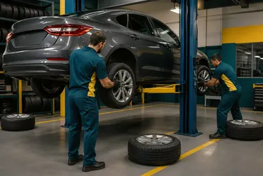 Profissional realizando rodízio de pneus em um veículo.