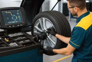 Técnico balanceando rodas em uma borracharia.