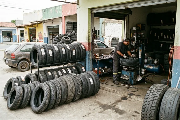 Vários tipos de pneus expostos em uma borracharia.